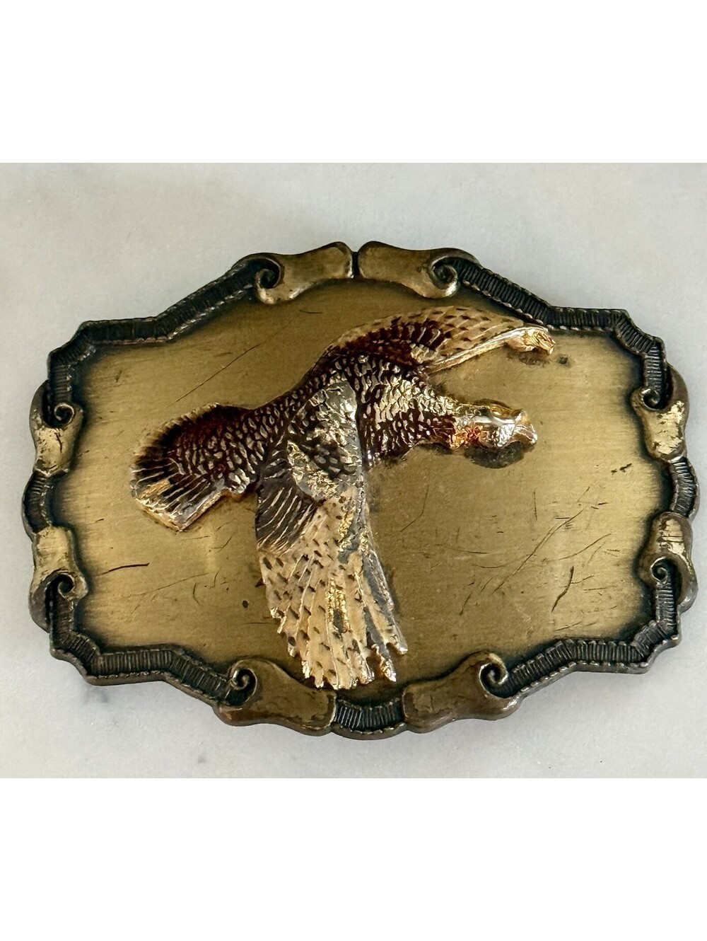 Vintage Raintree Flying Pheasant Belt Buckle Hunting Western Brass Tone